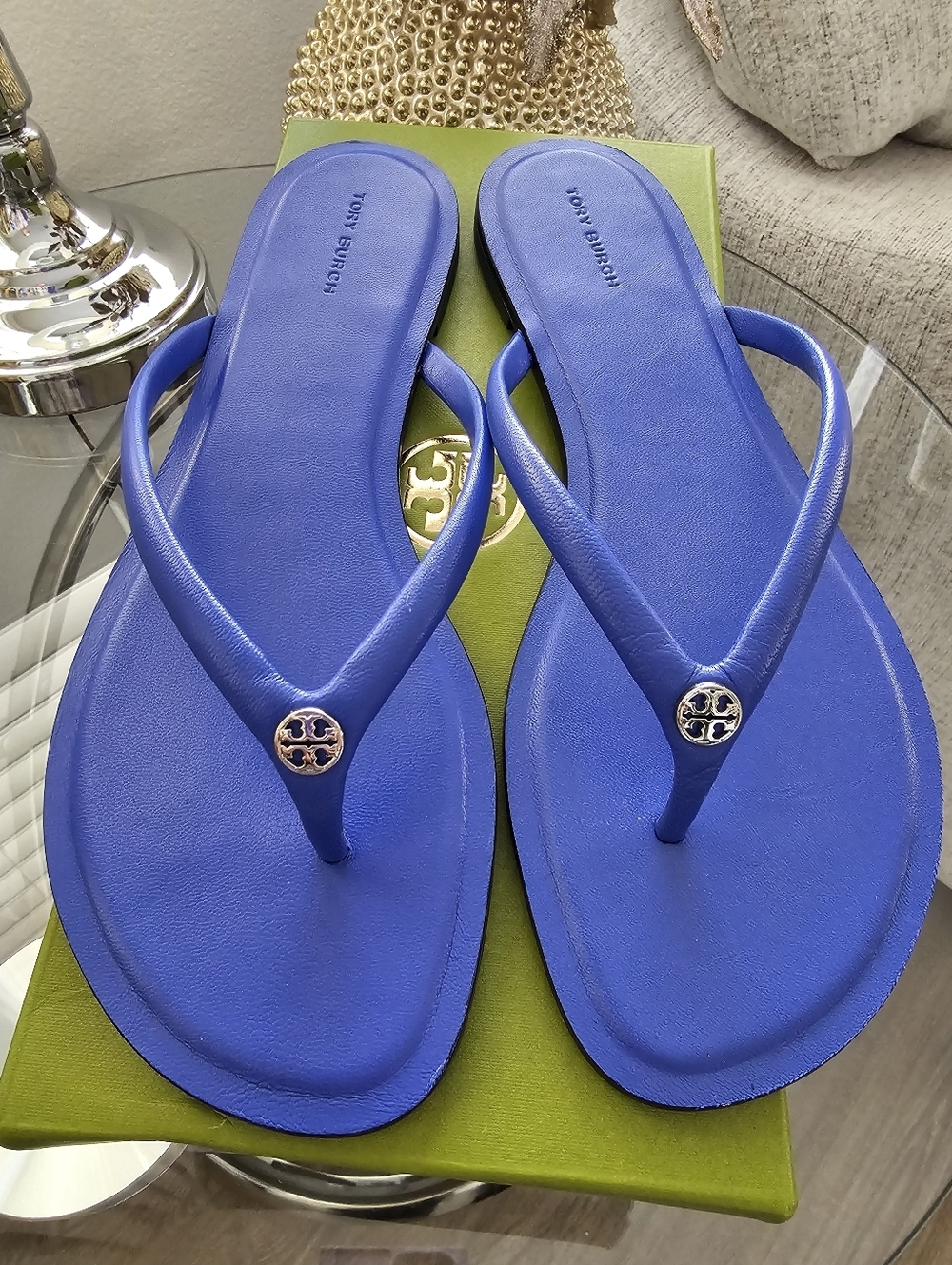 Tory Burch  Blue Leather Logo Medallion Flip Flops